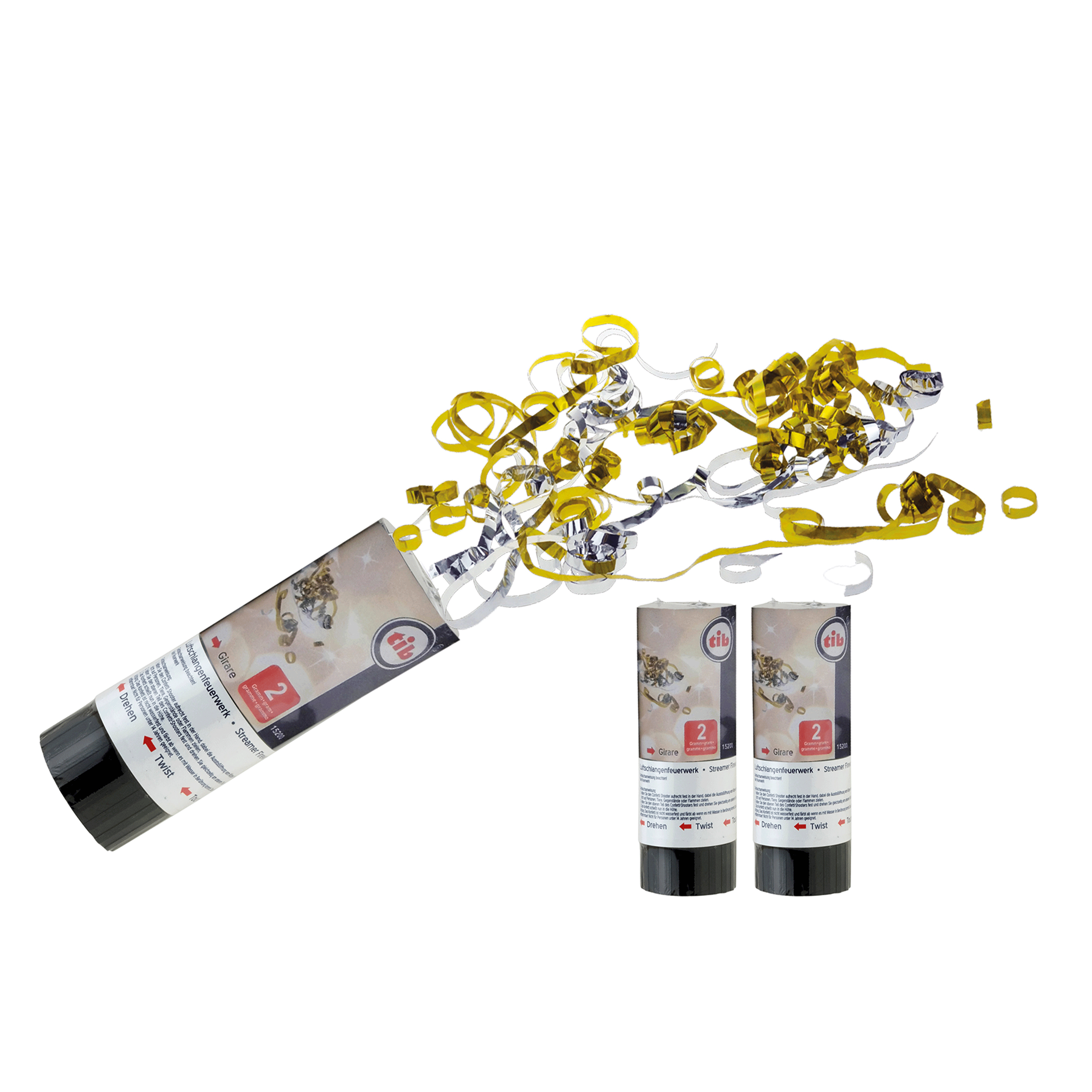 3x Konfettikanone gold/ silber metallic L. 11 cm