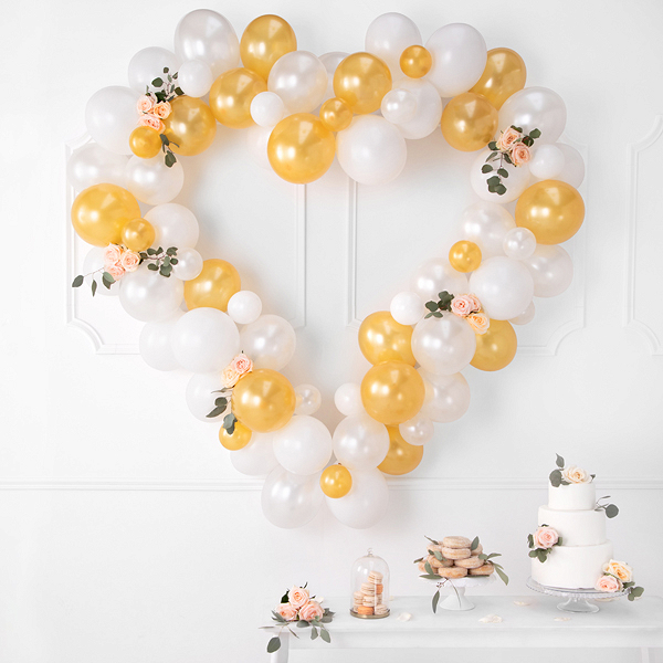 Ballongirlande mit Herzrahmen, Weiß / Gold, 160 cm