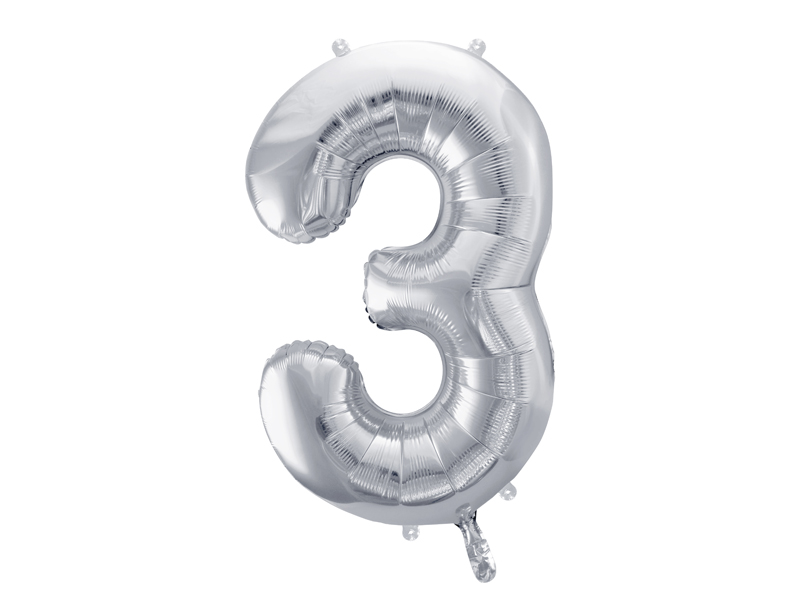 Folienballon Zahl 3, Silber 86cm