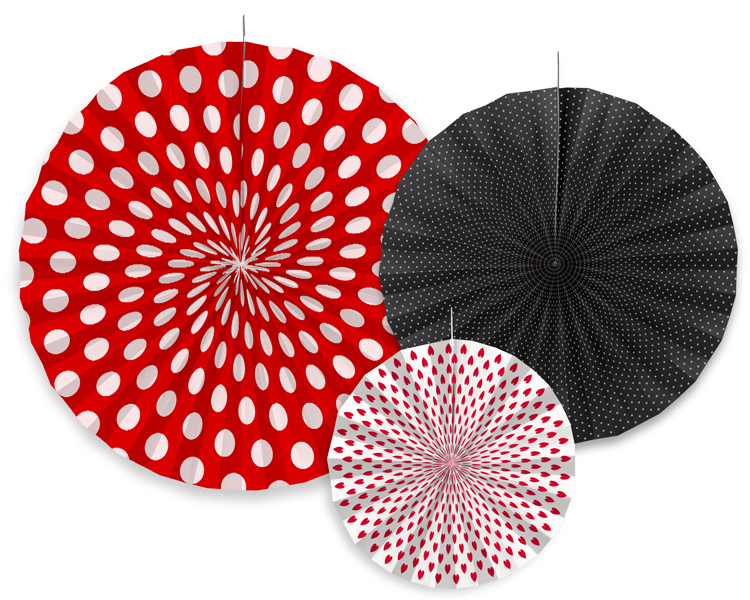 Fächer - Rot-Schwarz-Weiß gepunktet, 23-40 cm. 3er Set