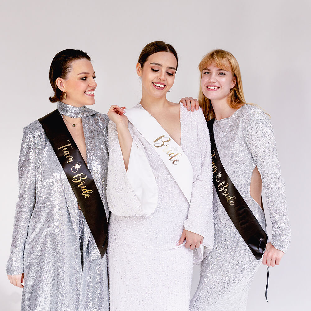 Schärpe Bride und Team Bride, schwarz und weiß, 6 Stk.