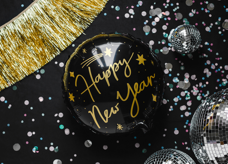 Folienballon Happy New Year in Schwarz, 45 cm