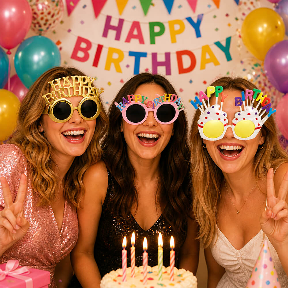 Brille Happy Birthday, Gold mit Schriftzug