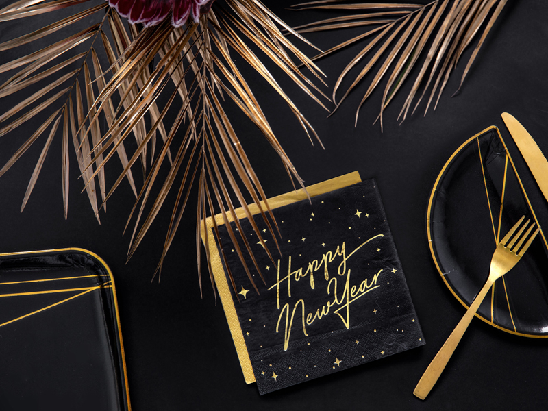 Servietten Happy New Year, 33 x 33 cm, Schwarz - 20 Stk.