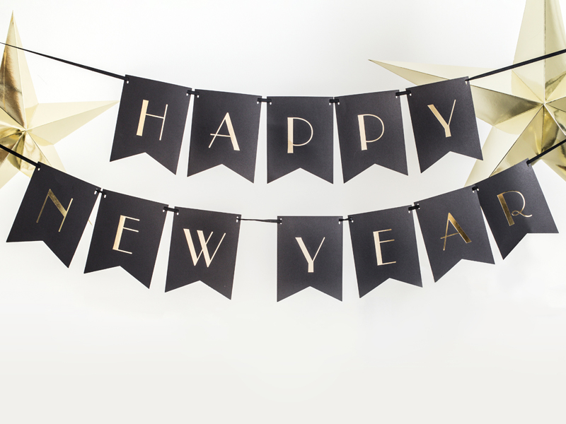 Happy New Year Banner, schwarz, 15x170cm