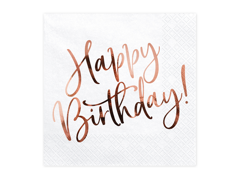 Servietten Happy Birthday weiß / Roségold, 33x33 cm