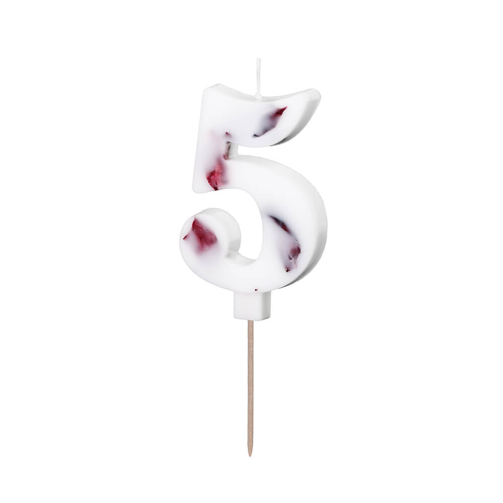 Geburtstagskerze Zahl 5 Weiß mit Blütenblättern, 8 cm