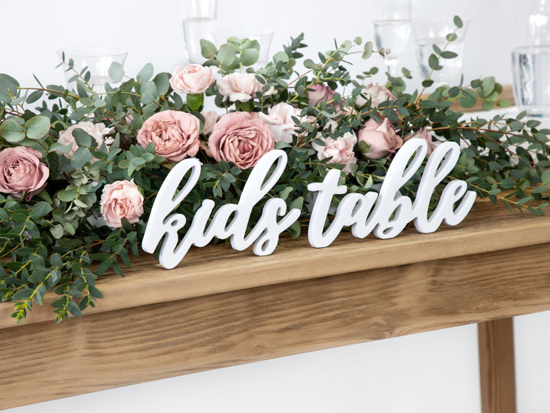 Schriftzug aus Holz "kids table" Weiß, 38x10cm