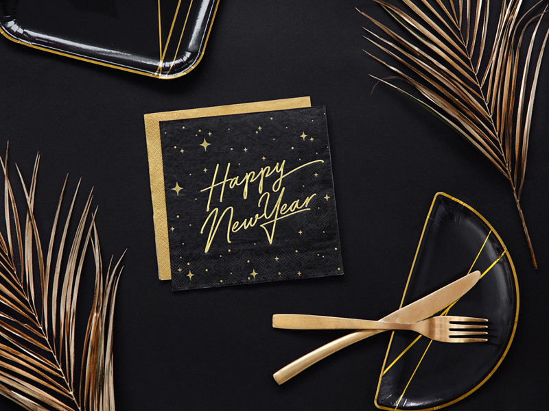 Servietten Happy New Year, 33 x 33 cm, Schwarz - 20 Stk.