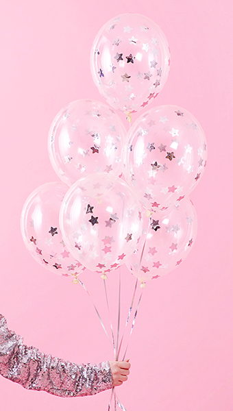 Konfettiballons silberne Sterne 30cm, 6 Stk.