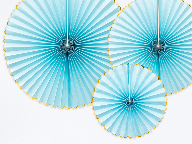 Fächer - Hellblau mit Goldrand, 20 - 40cm, 3er Set