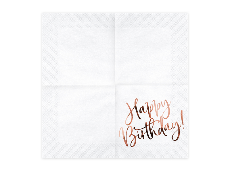Servietten Happy Birthday weiß / Roségold, 33x33 cm
