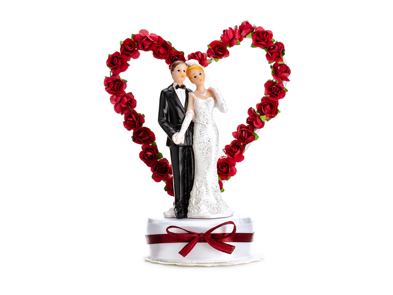 Cake Topper Brautpaar Rosenherz, Weiß & Bordeaux, 16 cm