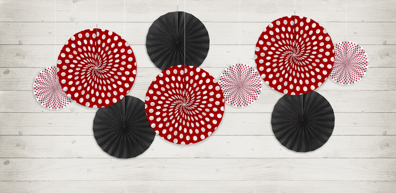 Fächer - Rot-Schwarz-Weiß gepunktet, 23-40 cm. 3er Set