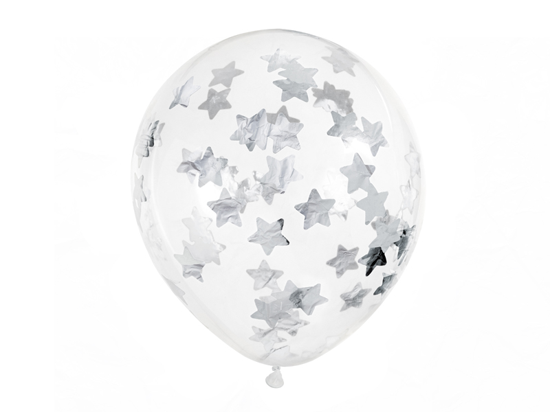 Konfettiballons silberne Sterne 30cm, 6 Stk.