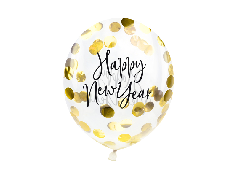 Konfettiballon - Happy New Year, Gold 27cm, 3 Stk.