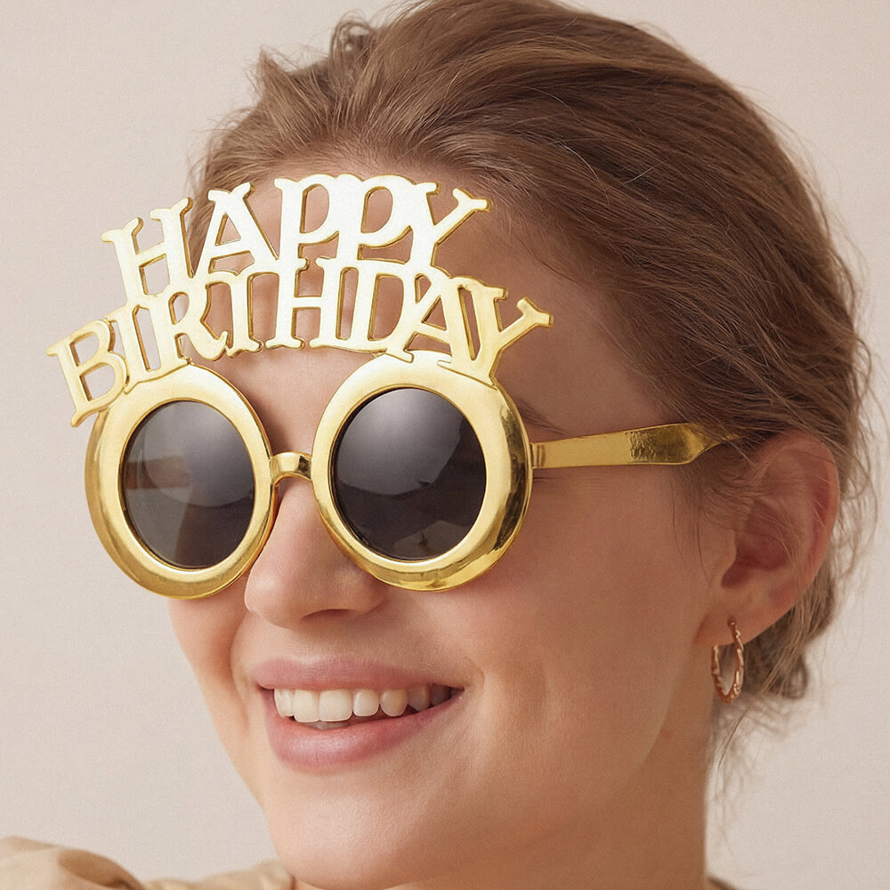Brille Happy Birthday, Gold mit Schriftzug