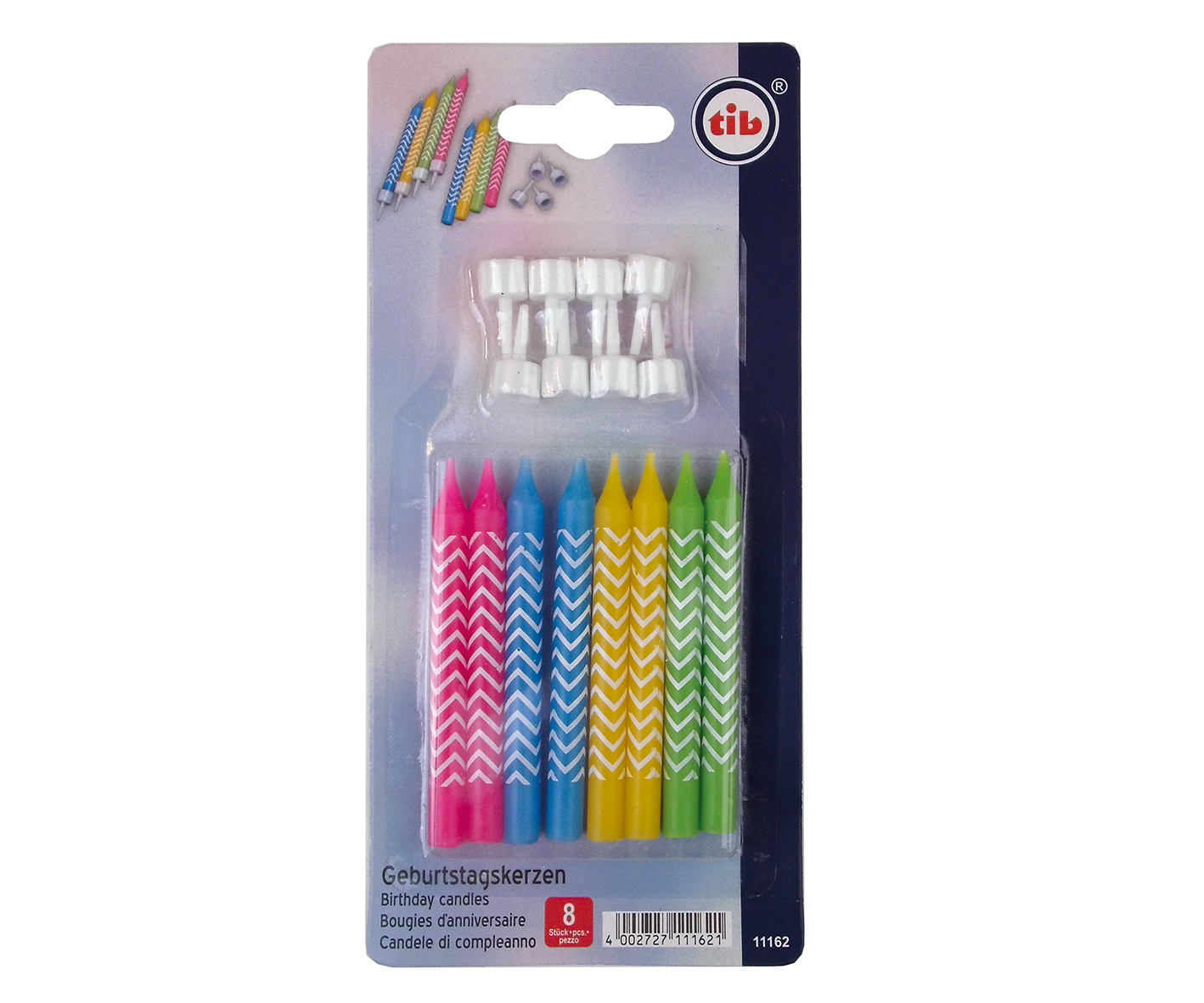 8x Geburtstagskerze bunt + Halter 8 cm